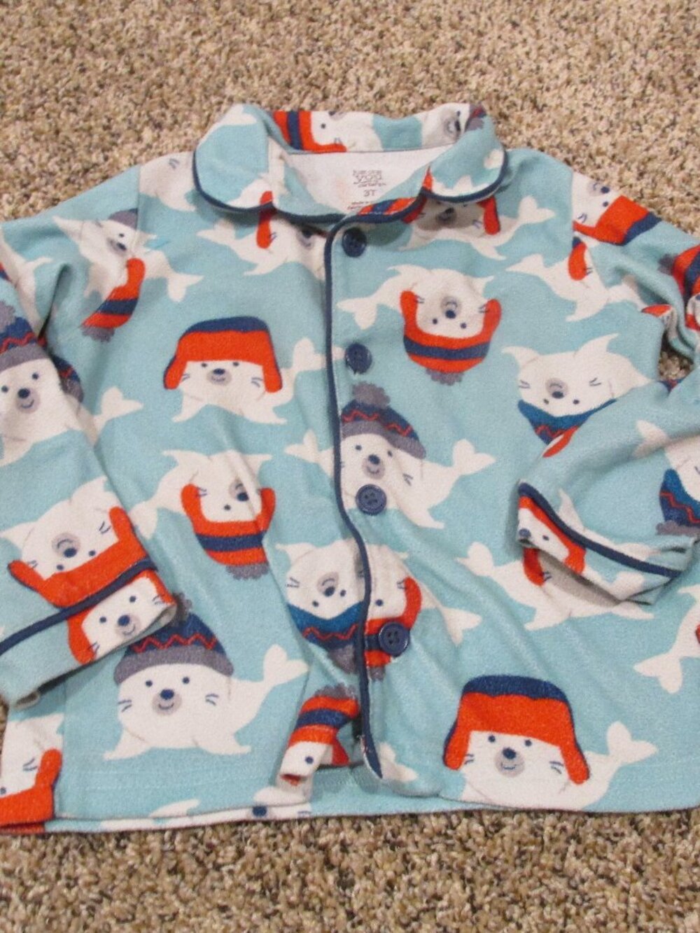 Carters Button Up Pajama Shirt Toddler Boys 3T Blue Seal Long Sleeve Holiday